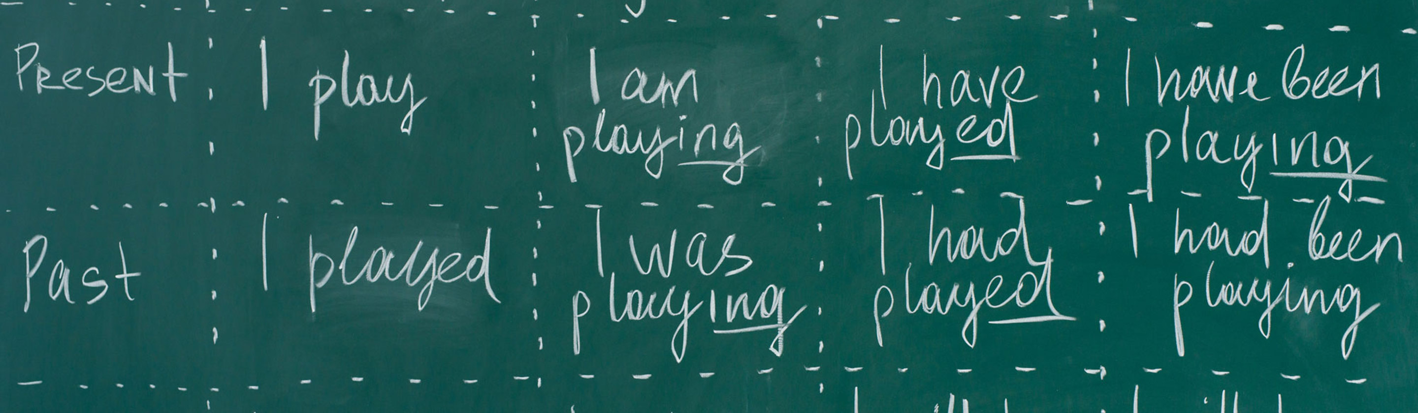 Past, present and future tense English words on a blackboard 