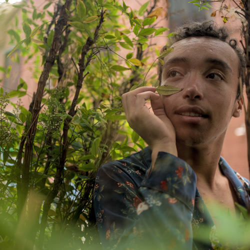 Portrait of man posing within a shrub