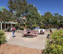 Epping campus courtyard with bench seats and students sitting around