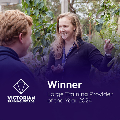 A teacher wearing a Melbourne Polytechnic lanyard, teaching students outdoors. An overlay text reads "Victorian Training Awards - Winner, Large Training Provider of the Year 2024"